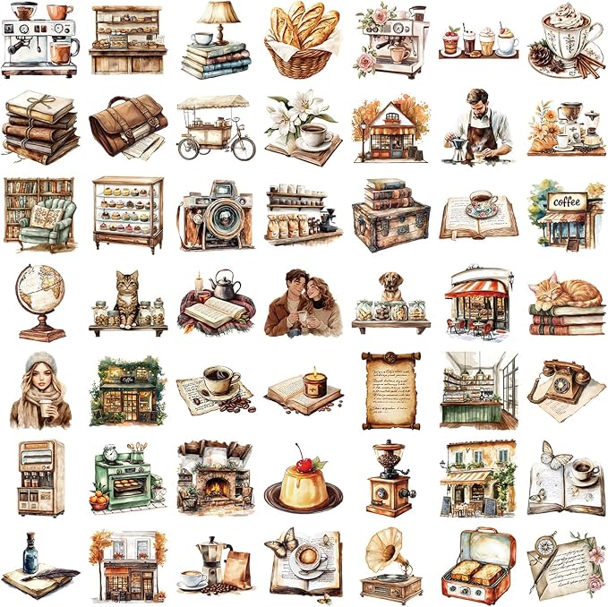 100Pcs Retro Coffee Shop Stickers for Scrapbooking Journaling Junk Journal Scrapbook Supplies - Waterproof Transparent PET Aesthetic Decals for Resin Crafts Decorative Art Crafts