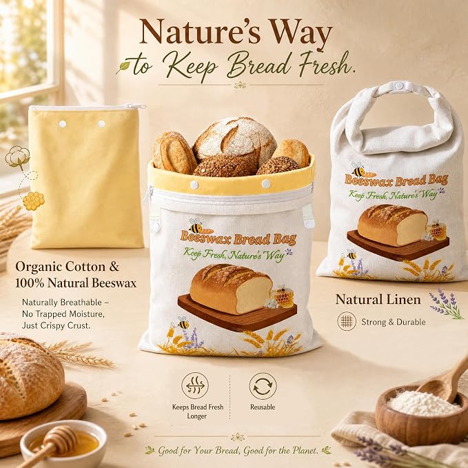 Removable Beeswax Bread Bags for Sourdough 3 Pack, Natural Bees Wax Organic Cotton Linen Bread Bag with Zipper,XL+L+S,Reusable Eco-Friendly Fresh Homemade Loaf Keeper, Gift for Bakers