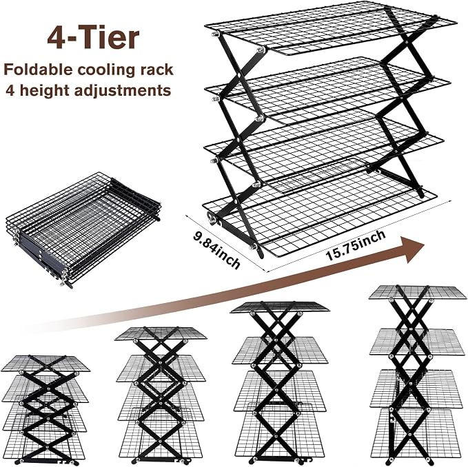 4 Tier Collapsible Cooling Rack, Adjustable Stackable Stainless Steel Baking Rack with Leak-Proof Mesh & X-Shaped Structure, Dishwasher Safe for Cookies, Bread, Pastries