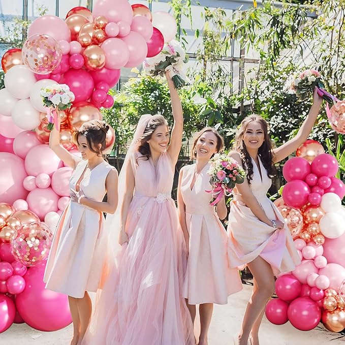 Hot Pink Balloon Arch Kit, 143Pcs Pink Gold Balloons Macaron Pink White Rose Gold Balloon Garland Arch Kit Confetti Balloons for Birthday Wedding Baby Shower Gender Reveal Galentines Day Decorations