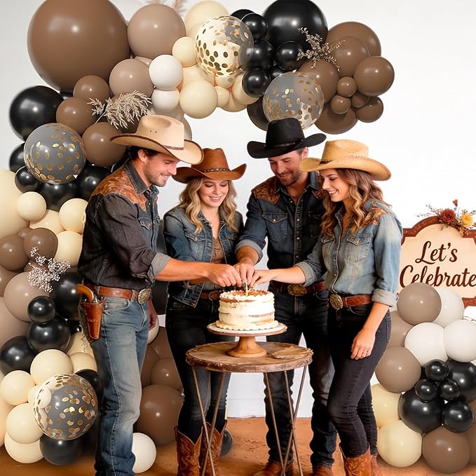 Amandir 153pcs Black Brown Balloon Garland Arch Kit, Different Sizes 18 12 10 5 inch Nude Sand White Latex Metallic Confetti Balloons for Western Country First Rodeo Farm Birthday Party Decorations