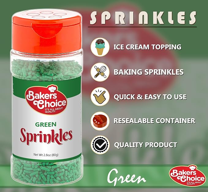 Bakers Choice Green Sprinkles for Baking - Jimmies Sprinkles for Ice Cream Toppings - Dairy Free, Kosher 2.8 oz.