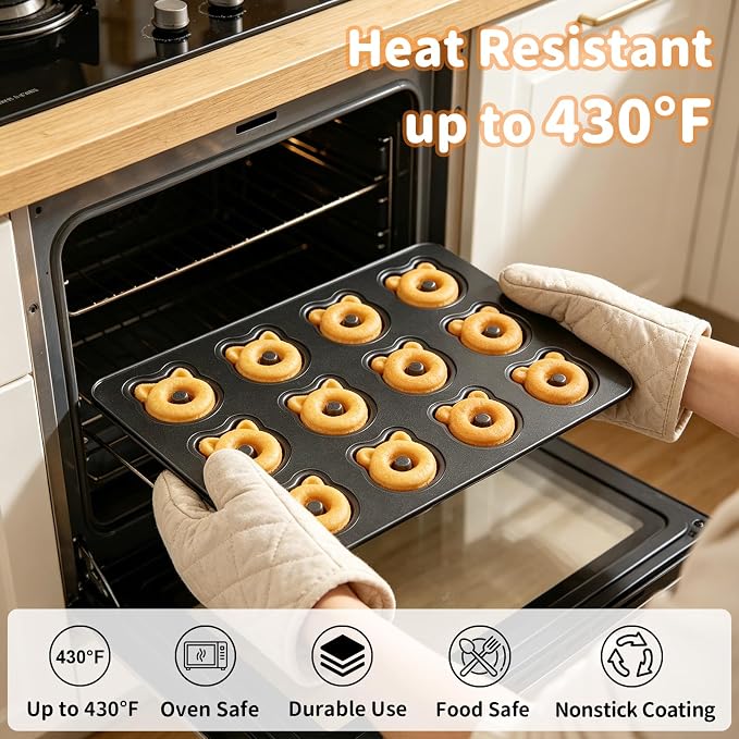 Donut Pans, 2" Non-Stick Cat & Bear-Shaped Donut Mold Cake Pan, 12 Cup Carbon Steel Doughnut Pan for Home Baking