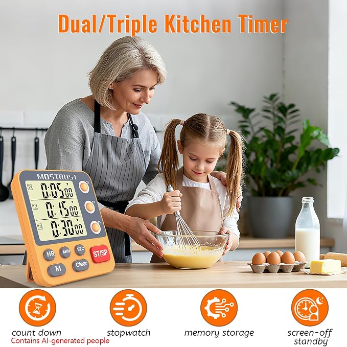 Digital Dual Kitchen Timer, 3 Channels Countdown Triple Timer for Cooking, Magnetic Memory-Preset Large Display Adjustable Alarm Volume, Multi Times Management, 3A Battery Included, Orange