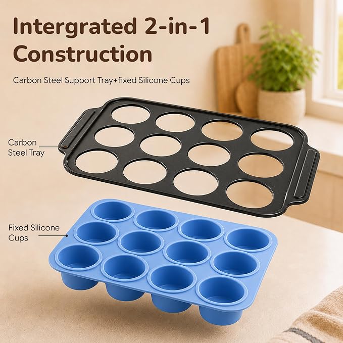 Silicone Muffin Pans for Baking with Metal Reinforced Frame, Muffin Tin Egg Bites Mold 12-Cup Regular Size, Nonstick Muffin Cups Tray Easy to Pop Cupcake Pan for Oven & Dishwasher Safe