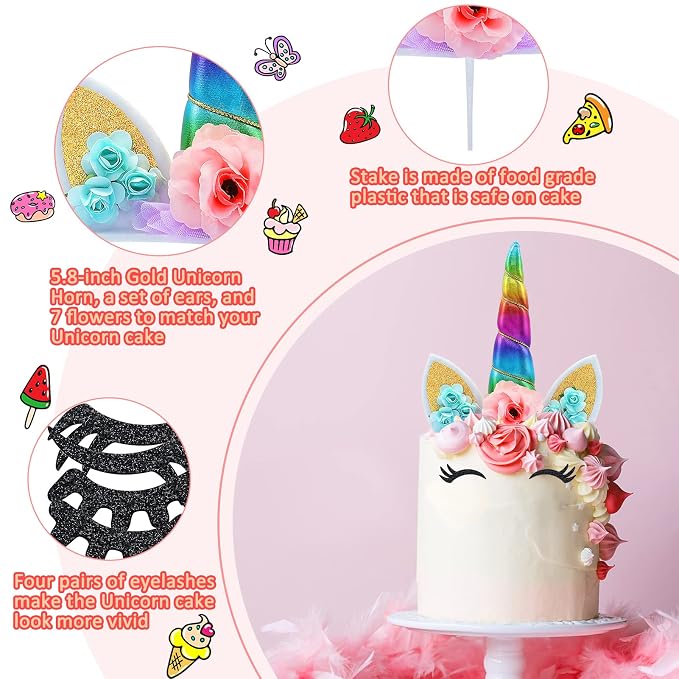 Unicorn Cake Topper Handmade Rainbow Horn Unicorn Cake Topper Happy Birthday Party Decoration Supplies Magic Reusable Cake Toppers with Eyelashes and Stack for Girls Kid Women, 5.8 Inch