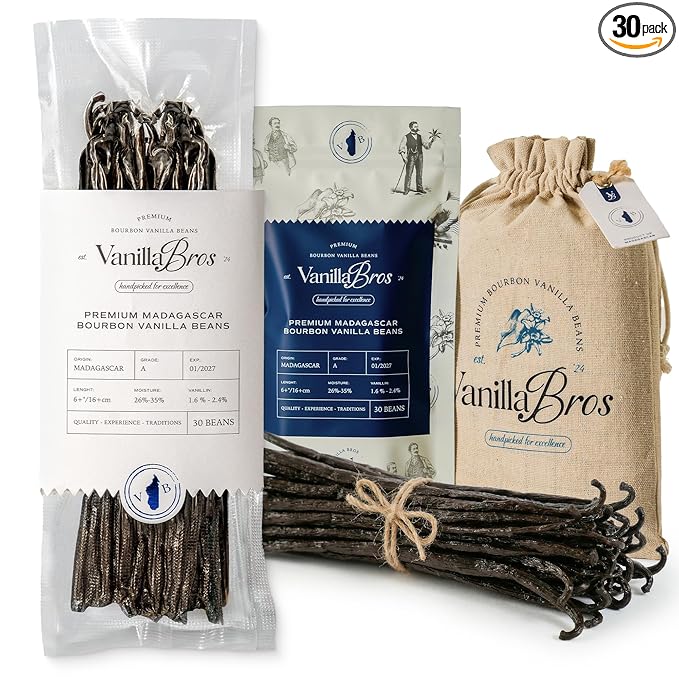 30 Madagascar Vanilla Beans Grade A - Gourmet Bourbon Vanilla Pods 6.3-8.3" - For Baking, Cooking & Homemade Vanilla Extract - VanillaBros