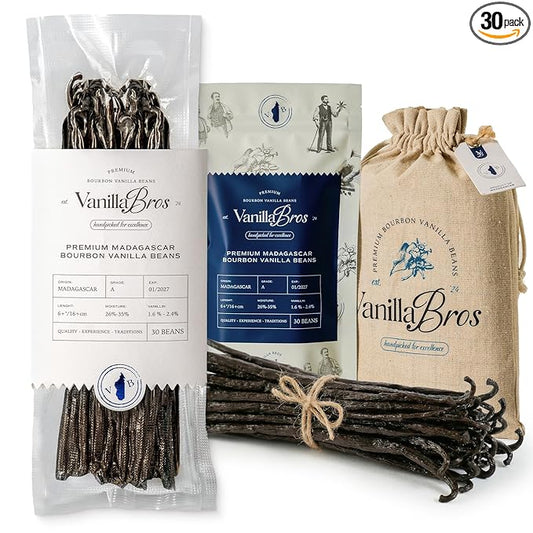 30 Madagascar Vanilla Beans Grade A - Gourmet Bourbon Vanilla Pods 6.3-8.3" - For Baking, Cooking & Homemade Vanilla Extract - VanillaBros
