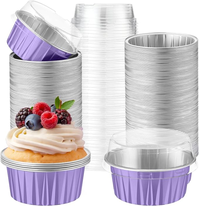 200 Pack Aluminum Foil Cupcake Liners with Lids, 5 oz Round Baking Cup, Disposable Ramekin Container for Graduation Wedding Independence Day Party(Taro Purple,Plain)