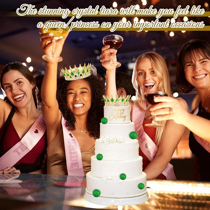8 Pcs Gold and Green Queen Crown Birthday Cake Topper for Women Rhinestone Crystal Tiara Wedding Happy Birthday Cake Decoration Foam Balls Decor for Queen Princess Party Photo Props