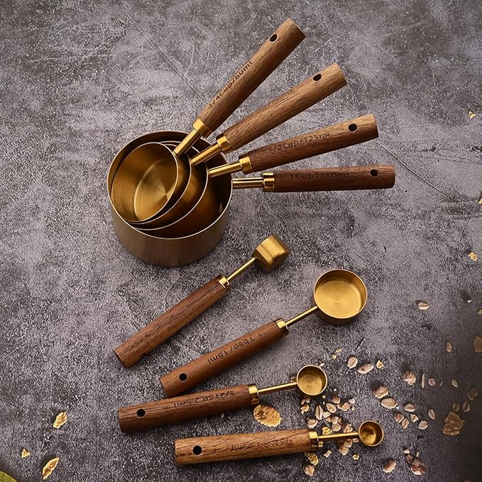 8 pieces Golden Measuring Cups Set and Measuring Spoons Set with Scale, BRIIEC Wooden Handle Stainless Steel Dry & Liquid Measuring Cup for Cooking Baking