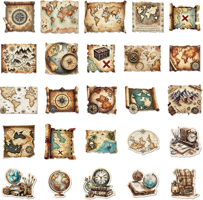 PRSTINCOL 100Pcs Vintage Sticker Pack,Cute Map Design Scrapbook Supplies, Vintage Aesthetic Junk Journal Accessories, Waterproof Vinyl Stickers for Water Bottles, Planners, Journals