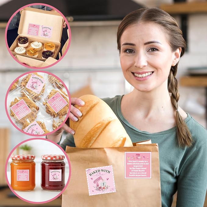 1000 Count Cottage Food Law Labels Stickers Roll Pink Baked with Love Made in a Home Kitchen Inspection Statement Decals DIY Crafts for Homemade Bakery Baked Food Canning Packaging, 1.5 x 1.5 Inch