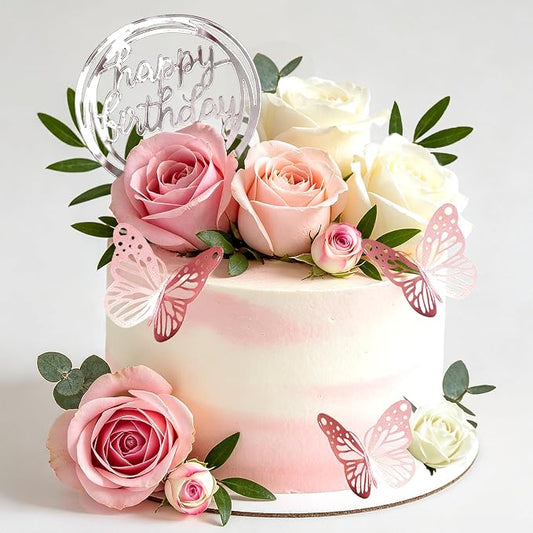 Flower Cake Toppers, Happy Birthday Rose Gold Cake Decorations with Artificial Flowers Butterfly Balls for Wedding Baby Shower Birthday Party Supplies (Pink)
