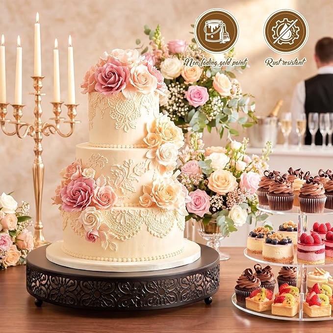 Wenqik 20 Inch Cake Stand Round Metal Cupcake Dessert Wedding Cake Stand Cookies Display Holder Fruit Food Serving Tray for Table Wedding Birthday Anniversary Party Decor (Black)