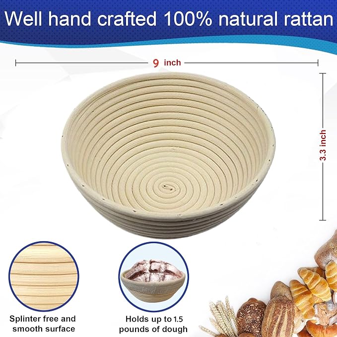 9 Inch Round Bread Banneton Proofing Basket Set of 2 – Sourdough Proofing basket kit for Artisanal Baking – Bread Making Tools For Professional & Home Bakers (9 inch round- 2 pack)