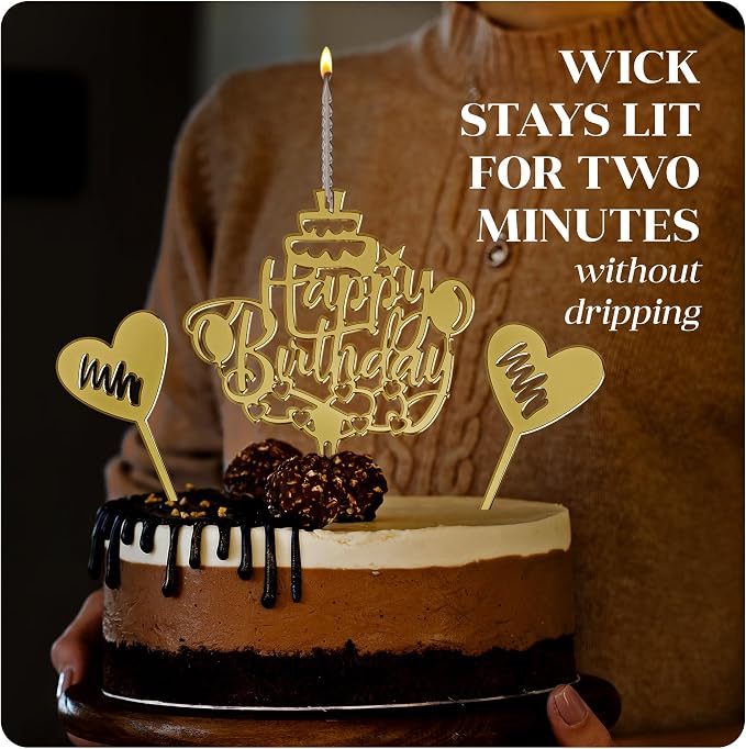 Happy Birthday Cake Candle Topper for Birthday Party Decorations, Acrylic Golden, 2 Hearts