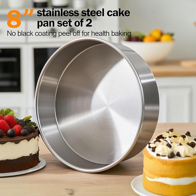 8 Inch Cake Pan Set of 2, Stainless Steel Baking Pan Round Cake Mold for Layered Cakes, No Coating Smash Cake Pans Cake Mold, Mirror Finish Dishwasher Safe Cake Pans Sets for Baking