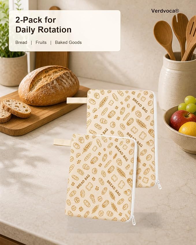 Beeswax Bread Bags for Sourdough, 2 Pack XL Reusable Organic Cotton Bread Storage Bags with Zipper, Natural Bees Wax Bread Bag for Homemade Bread, Freezer Friendly Food Storage, Keep Fresh