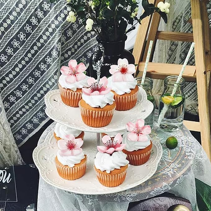 40Pcs Edible Cherry Blossom Cupcake Toppers Spring Flower Blossoms Cupcake Picks for Cherry Baby Shower Bridal Shower Engagement Floral Wedding Girls Birthday Cupcake Decorations