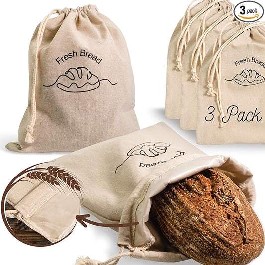 3-Pack Linen Bread Bags for Homemade Bread – Reusable Bread Storage Bags with Inner Lining – 12"x15" Sourdough Bread Bags – Eco-Friendly Baking Supplies & Gifts for Home Bakers by Simply H&K
