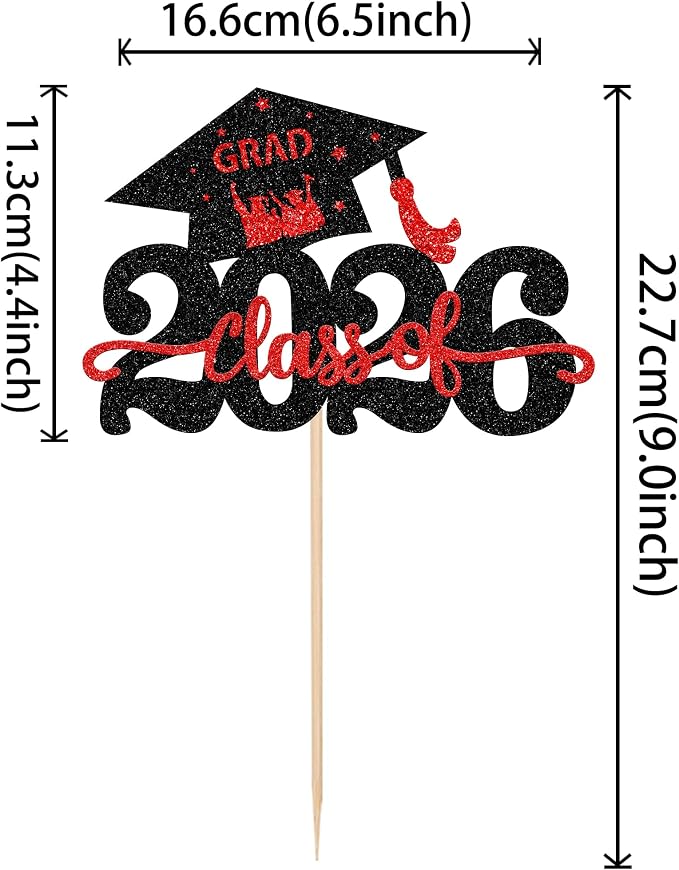 1 Pack Class of 2026 Cake Topper Glitter Congrats Grad Cap 2026 Graduation Cake Pick Decoration for 2026 Graduation Theme High School Graduate Party Cake Decorations Supplies Black Red
