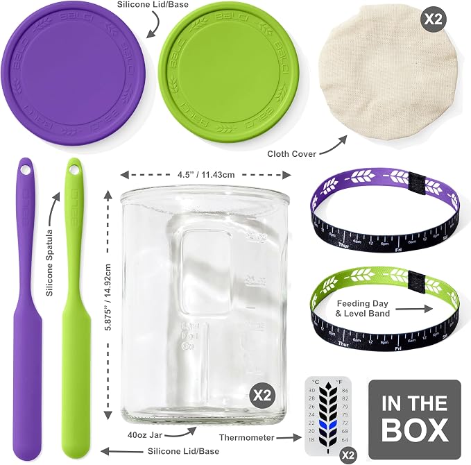 Premium Sourdough Starter Jar - 40oz Large Sourdough Jar with Marked Feeding Band, Scraper, Cloth Cover and Silicone Lid/Base, Wide Mouth Starter Kit - Green/Purple