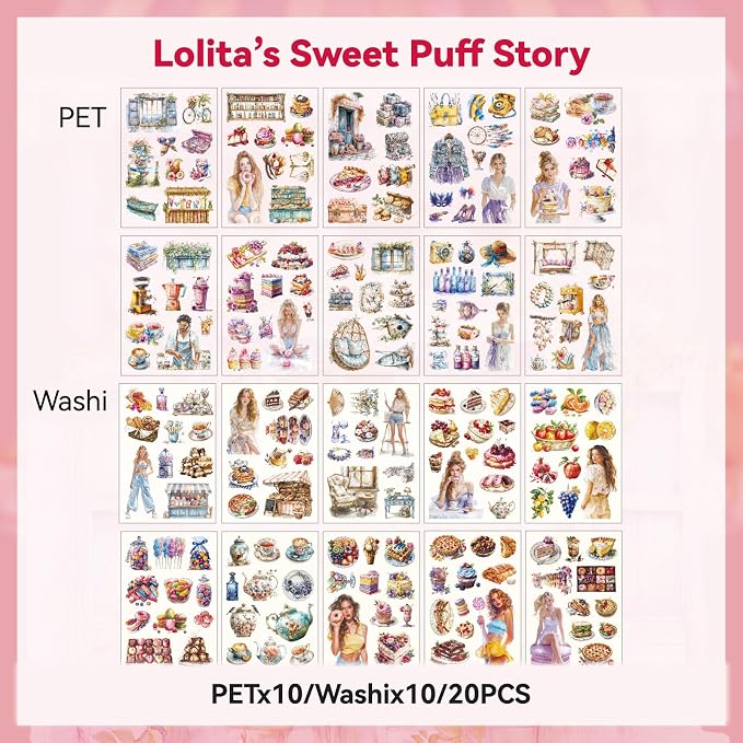 Loli Puff Breeze Sticker Scrapbooking Supplies for Junk Journal, 20 Sheets PET Stickers - Vintage Journaling Stickers