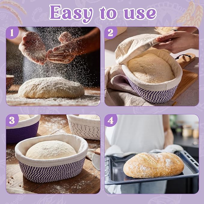 4 Pcs 10 Inch Cotton Rope Banneton Bread Proofing Basket Set Oval Banneton Basket Sourdough Bread with Liners Covers for Baking Supplies (Purple Tones)