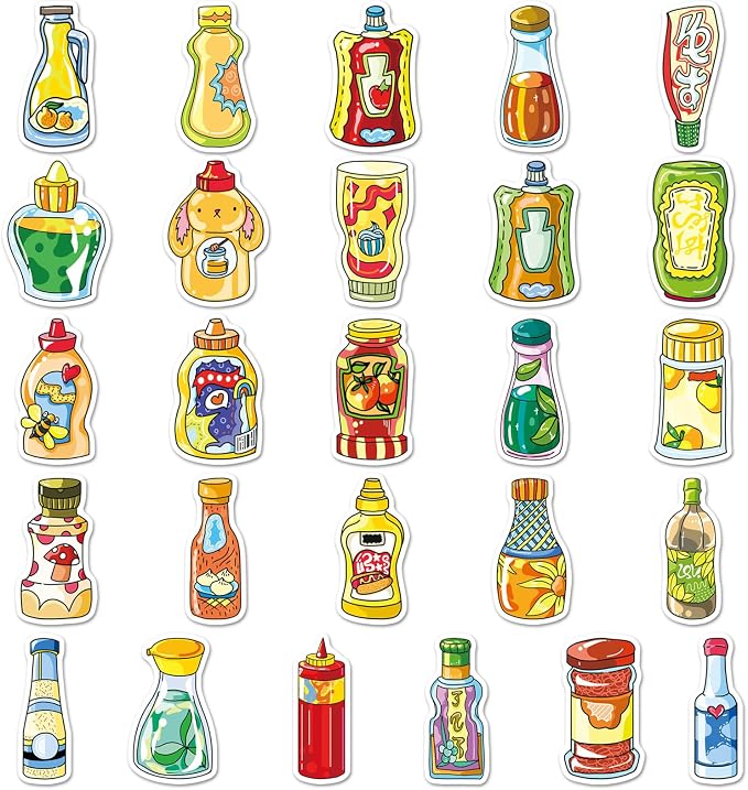 51 Pcs Sauce & Condiment Doodle Stickers - Cute Foodie Kawaii Vinyl Decals for Cooks, Kitchen Ketchup, Mayo Fun Sticker Pack(Sauce)