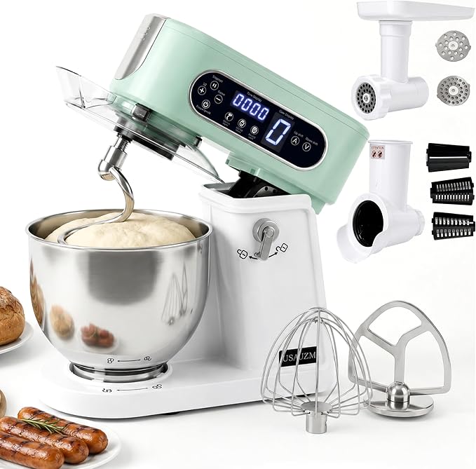 5.3 Qt 9-Speed Tilt-Head Stand Mixer, Multi-Function Electric Mixer | 3 Mixing Attachments, Meat Grinder & Vegetable Slicer, Stainless Steel Bowl, Splash Guard, Easy Clean, Spearmint