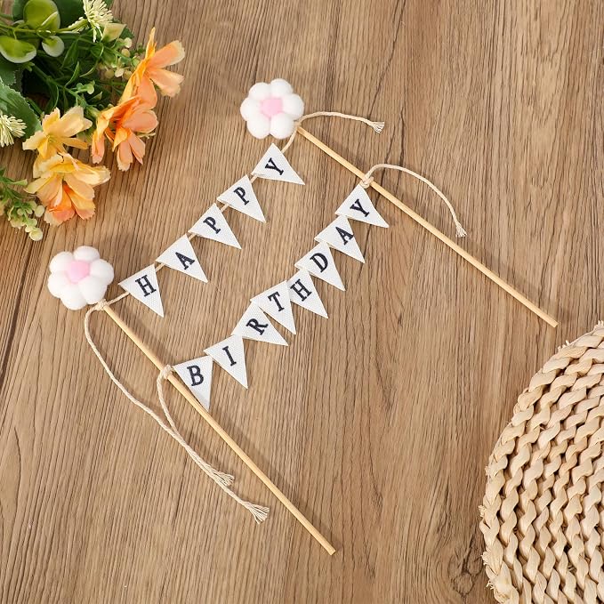 Happy Birthday Flag Banner Cake Topper, Handmade Ivory Cotton Pennant & Flower Flags with Wooden Poles Party Decorations for Cakes & Cupcakes
