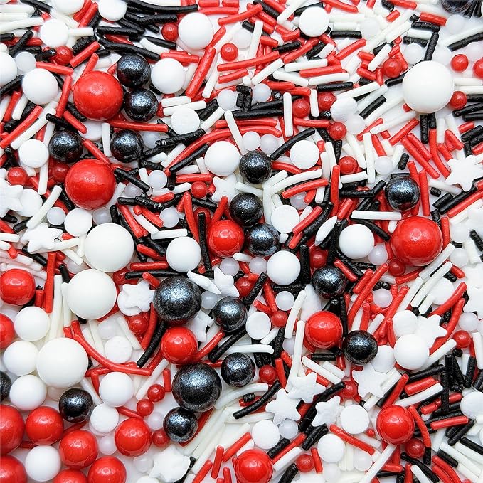 SE Si&Moos Red White and Black Sprinkles 3 OZ Black White and Red Edible Pearls for Cake Decorating Edible Pearls and Sequins Sprinkles Mix for Baby Shower Halloween Christmas Cookie Decorations