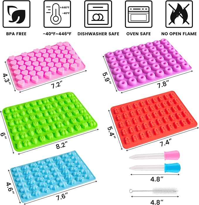 WARM TIME Gummy Bear Candy Molds Silicone, Mini Gummy Molds with 2 Droppers & 1 Cleaning Brush, Food Grade Non-Stick Silicone Molds Including Heart, Dinosaur, Bear, Donut, and Fruit, Set of 5
