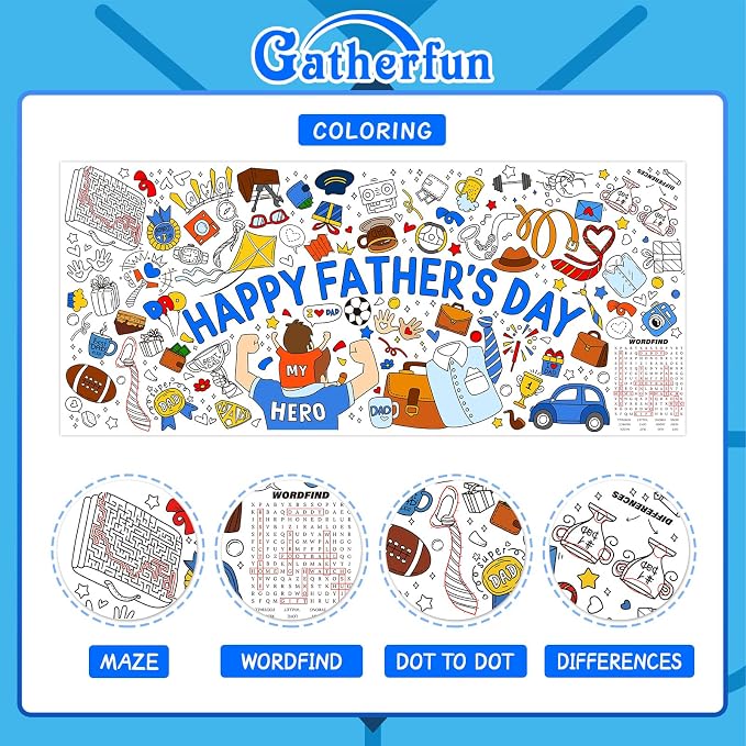 Fathers Day Coloring tablecloths for Classroom Wall - Versatile 31.5 x 72 Inches Father Themed Activity Poster/Table Cover, School Parties, Happy Fathers Day Decorations