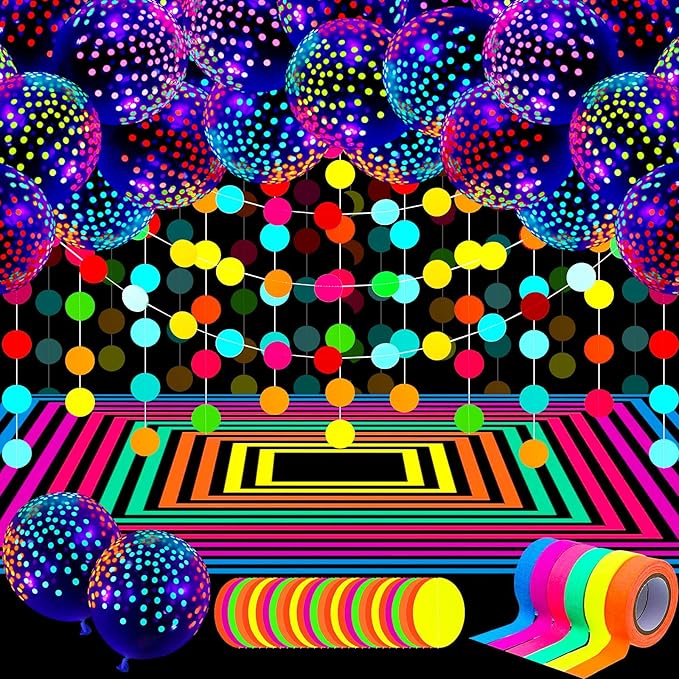 32 Pcs Glow in The Dark Party Supplies Christmas Neon Party Favors with 25 Fluorescent Balloon 6 Rolls 98.4 ft UV Blacklight Luminous Tape 14.4 ft Neon Streamer Garland for Adults(Clear Dot)