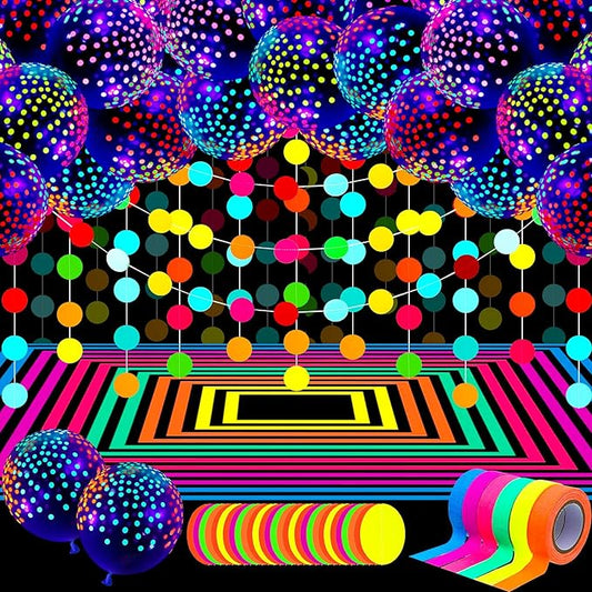 32 Pcs Glow in The Dark Party Supplies Christmas Neon Party Favors with 25 Fluorescent Balloon 6 Rolls 98.4 ft UV Blacklight Luminous Tape 14.4 ft Neon Streamer Garland for Adults(Clear Dot)