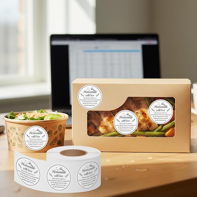 PANTIDE Cottage Food Law Labels Stickers - 500 Count Homemade with Love Adhesive Round Decal Roll, Made in a Home Kitchen Inspection Statement Thermal Printed for Baked Food Packaging (2 x 2 Inch)
