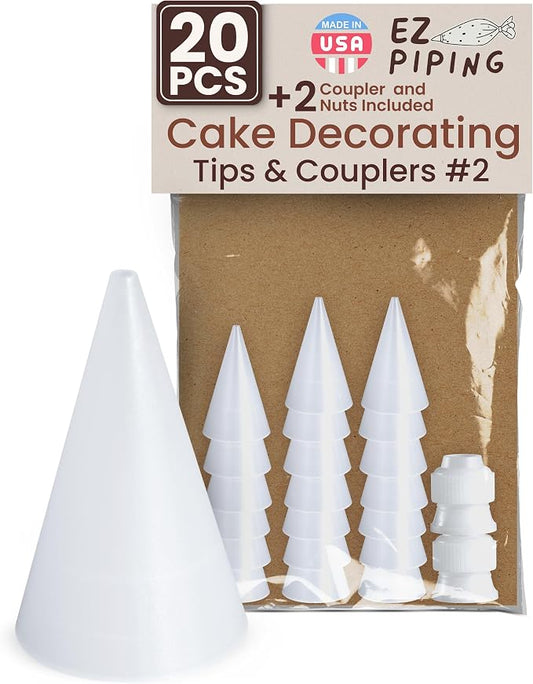 Reusable Plastic Piping Tips - Standard Size Round Tip #2 20 Pack with 2 Couplers Icing Nozzles for Cake Decoration Dessert Design Baking Supplies and Piping Bags Base Ø 0.75", Height 1.25"