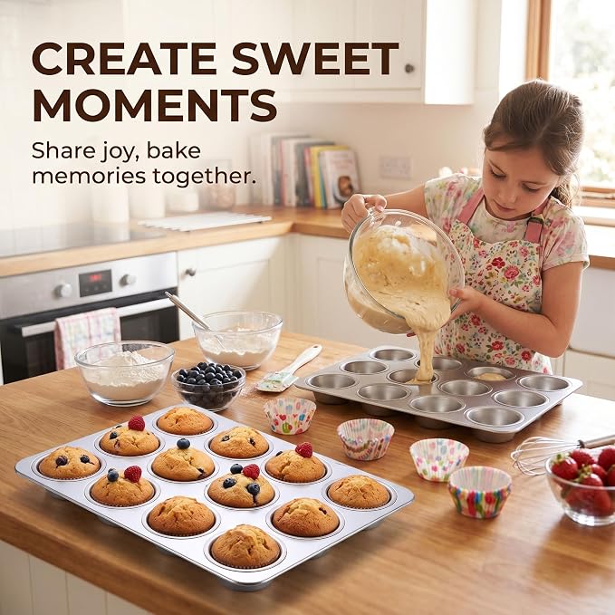 LIANYU 12 Cup Muffin Cupcake Pan for Baking, 4 Pack Stainless Steel Cup Cake Muffin Tin, Non-Toxic Muffin Cupcake Tray Pan for Oven, Metal Cupcake Mold for Mini Muffin Quiches, Dishwasher Safe