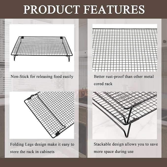Set of 2 Cooling Racks with Folding Legs，for Cooking, Roasting, Drying, Rust-Resistant Non-Stick Cooling Grilling for Baking，17 x 11.2 inches，Black(2)