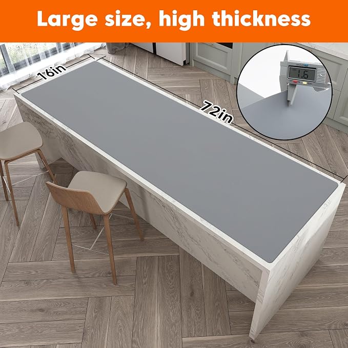 Large Silicone Mats for Kitchen Counter,16" x 72" Heat Resistant Silicone Mat,Food Grade Silicone Pastry Mat,New Skin-Friendly Material Silicone Countertop Protector Mat,Freely Cuttable, Dark Gray