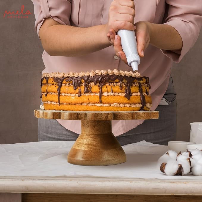 Mela Artisans 12" Mango Wood Cake Stand 5" Tall with Wooden Pedestal – Natural Finish Riser Designed for Birthday Cake and Cookie Display, Cupcake Stand & Decorative Trays