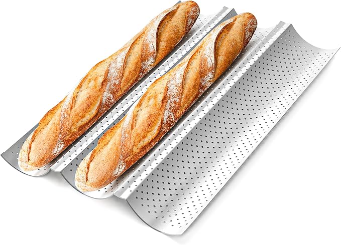 Baguette Bread Pan, Premium Nonstick Perforated French Bread Baguette Baking Pan, 3 Loaves Baguette Tray for Sourdough, Italian Bread, Sub Roll, Perfect for Creating Crisp Golden-Brown Crust