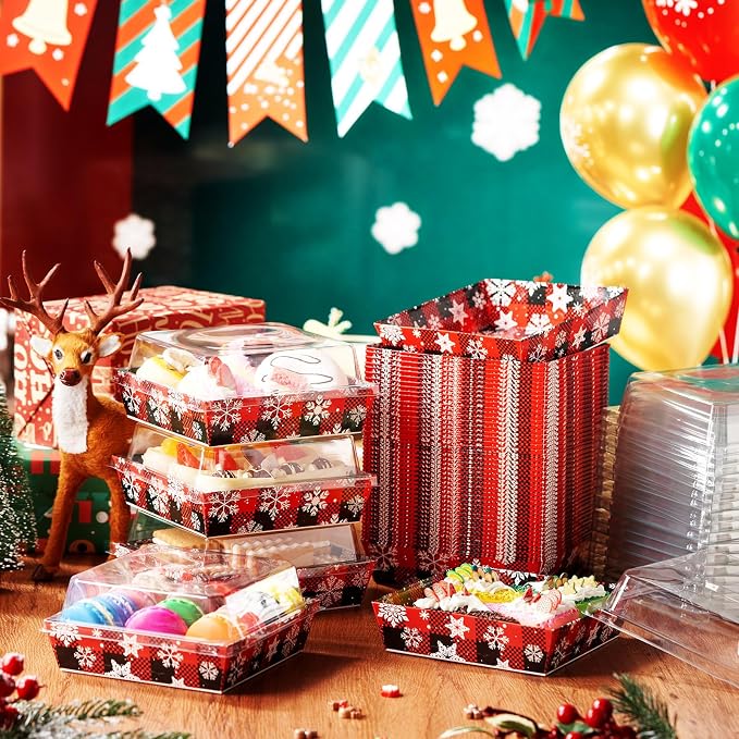 Potchen 50 Pack Bakery Boxes with Clear Lids, Disposable Charcuterie Treat Boxes for Cookies, Donuts, Cupcakes, Candy and Mini Cake, Party Favor for Wedding and Gift Giving (Red and Black Snowflakes)
