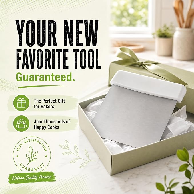 Stainless Steel Dough Cutter and Bench Scraper with White Plastic Handle - Pastry Scraper and Dough Divider for Bread, Pizza, Pastry, Baking Prep, and for Kitchen Use (5 7/8" x 4 1/4")
