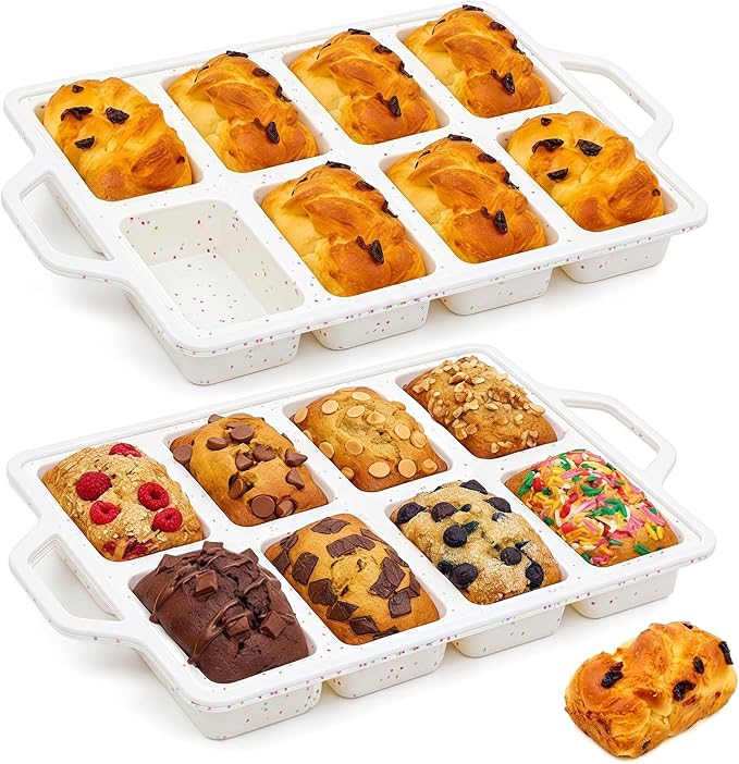 Vinino 2 Pack Mini Silicone Loaf Pans, 8-Cavity Metal Reinforced Frame Pans | Non-Stick Easy Release Heat Resistant Bakeware, Reusable Small Mini Banana Bread & Cake Baking Pans for Daily Baking
