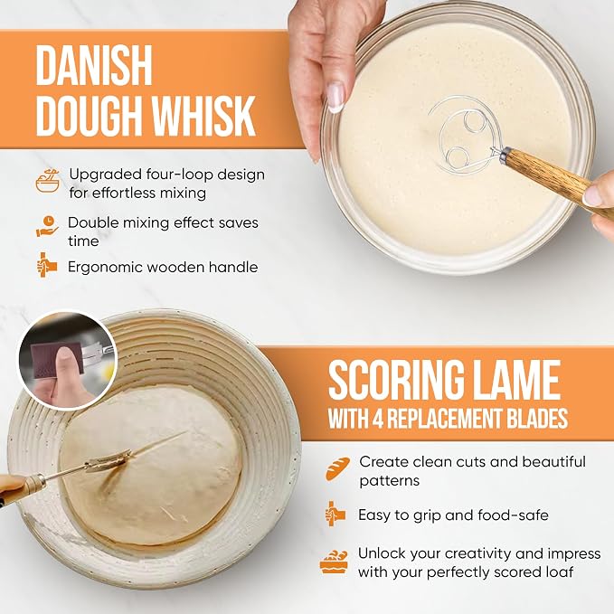 Banneton Bread Proofing Basket Set - Sourdough Bread Baking Supplies and tools, Round 9 Inch Bread Proofing Basket, Bread Lame, Dough Whisk, Metal and Plastic Scrapers, Flour Duster, Bread Making Kit