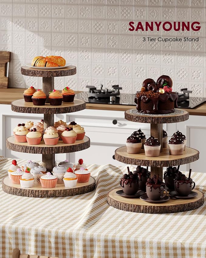 SANYOUNG Wood Cupcake Stand, 3 Tier Wooden Cupcake Tower, Large Rustic Cake Display Holder Stand for Woodland Baby Shower, Wedding, Birthday, Tea Party, Farmhouse Dessert Table Decorations
