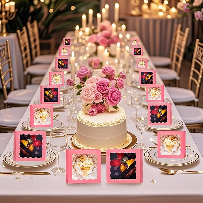 80 Pack 4x4x2 Pink Bakery Treat Boxes with Clear Window for Cookies, Mini Cake, Cinnamon Roll, Chocolate Truffle, Wedding Favor